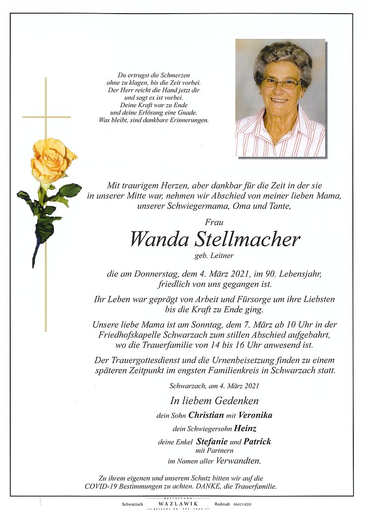 Parte von Wanda Stellmacher † 04.03.2021