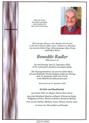 Parte von Benedikt Radler † 15.09.2026 aus Schwarzach im Pongau