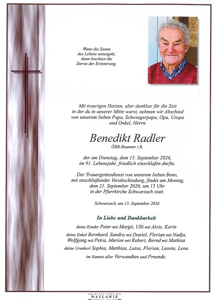 Parte von Benedikt Radler † 15.09.2026