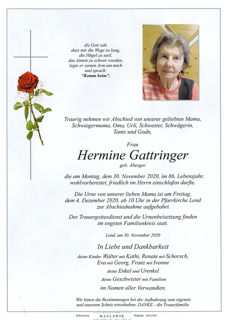 Parte von Hermine Gattringer † 30.11.2020