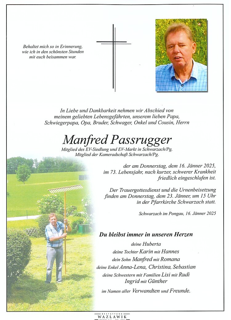 Parte von Manfred Passrugger † 16.01.2025