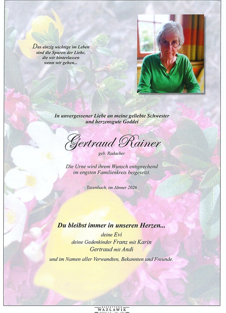 Parte von Gertraud Rainer † 25.01.2026