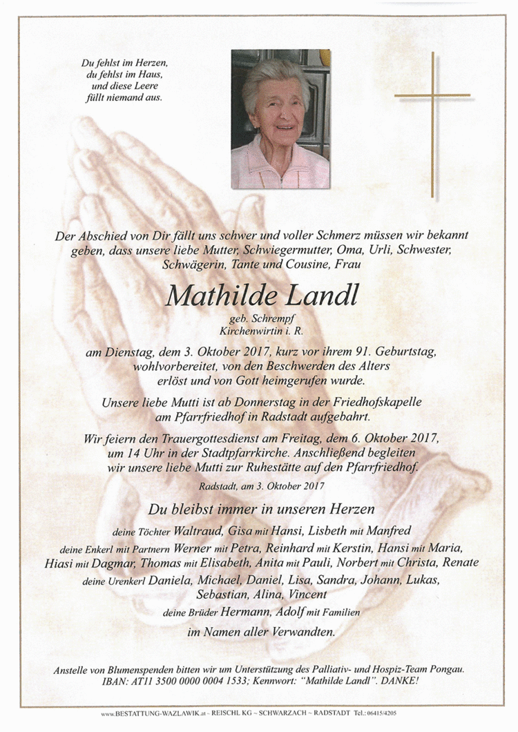 Parte von Mathilde Landl † 03.10.2017