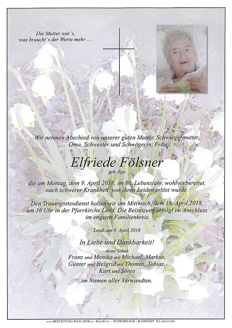 Parte von Elfriede Fölsner † 09.04.2018