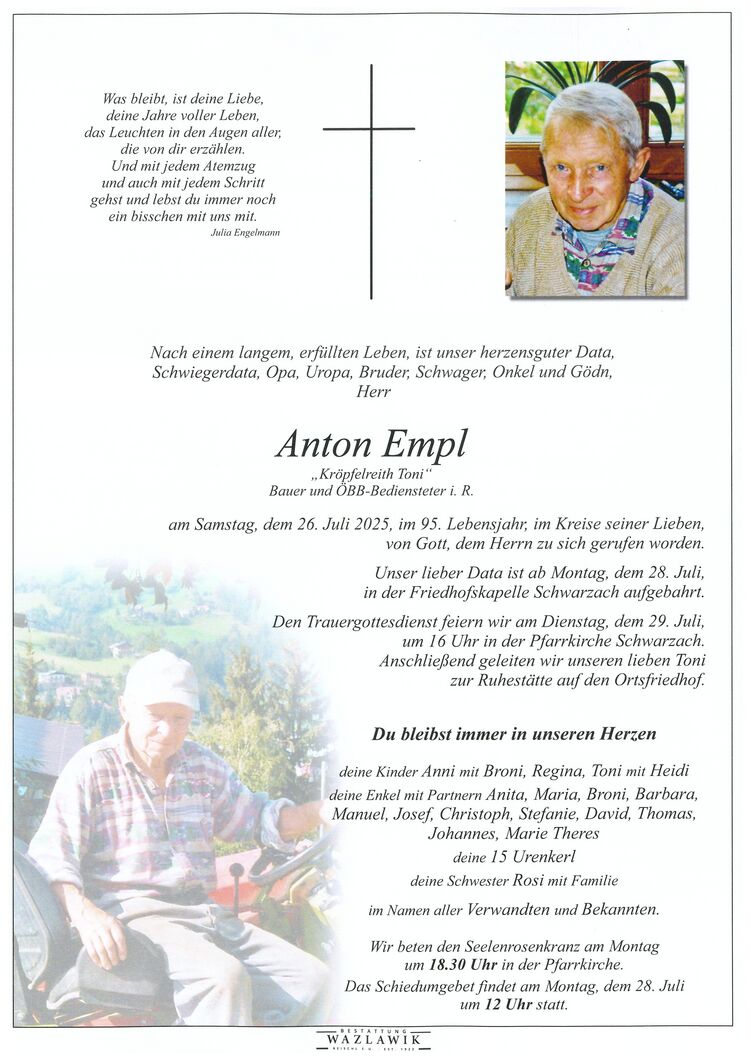 Parte von Anton Empl † 26.07.2025