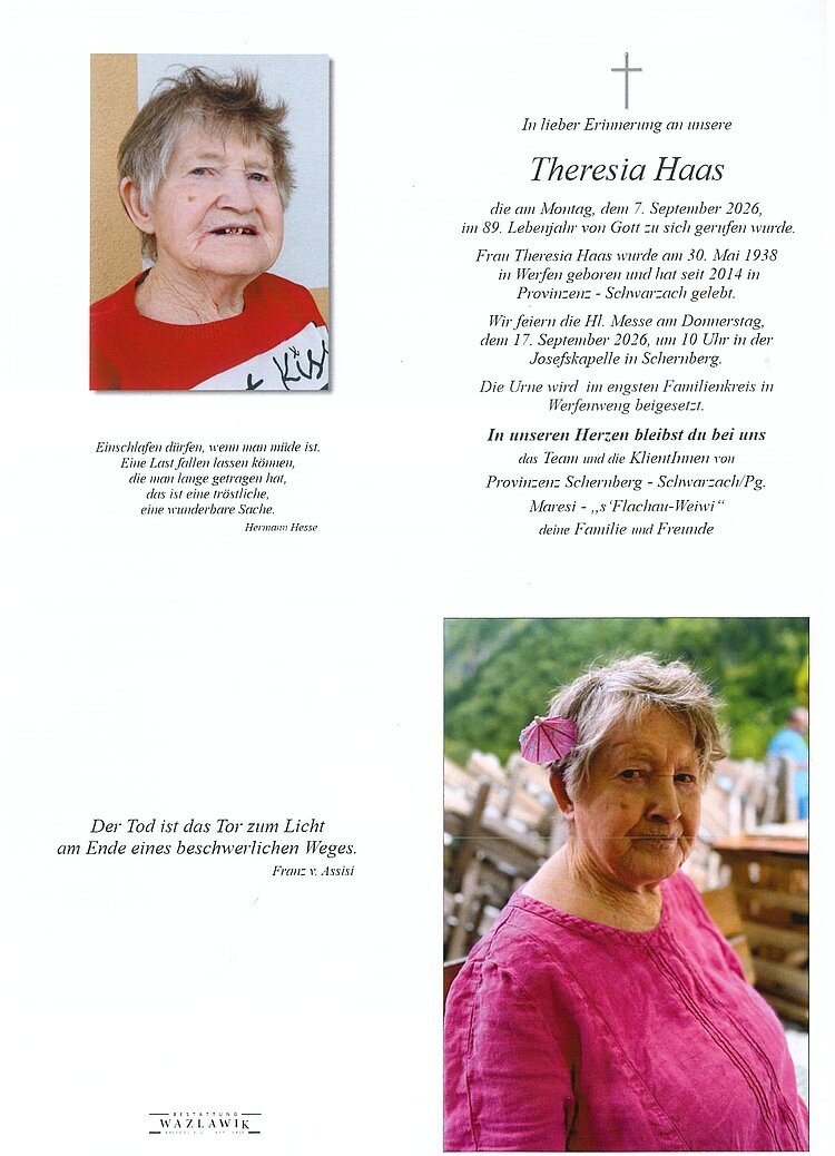Parte von Theresia Haas † 07.09.2026