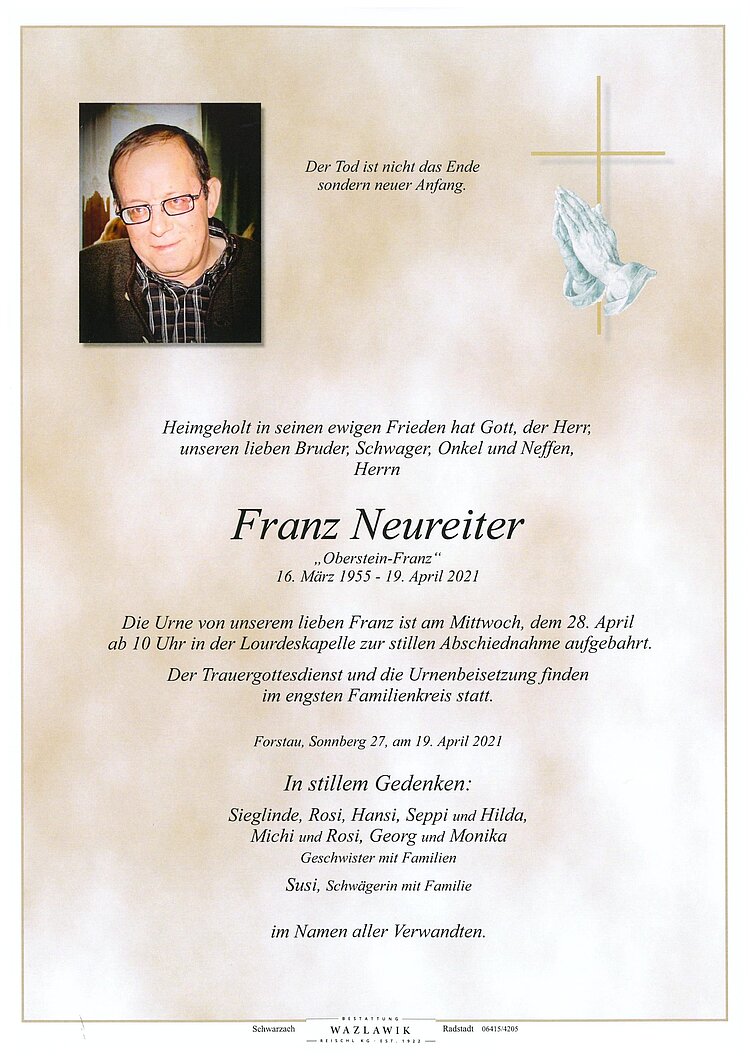 Parte von Franz Neureiter † 19.04.2021