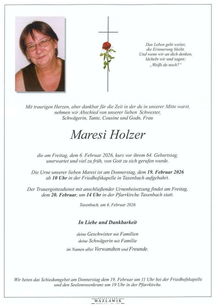 Parte von Maresi Holzer † 06.02.2026