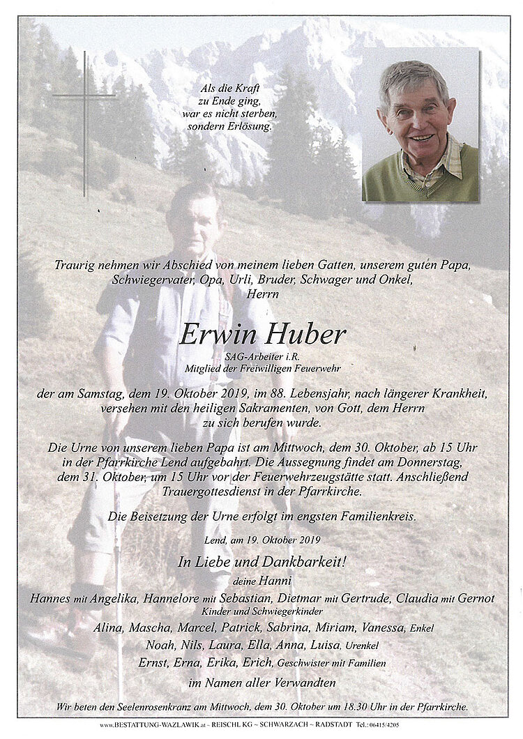 Parte von Erwin Huber † 19.10.2019