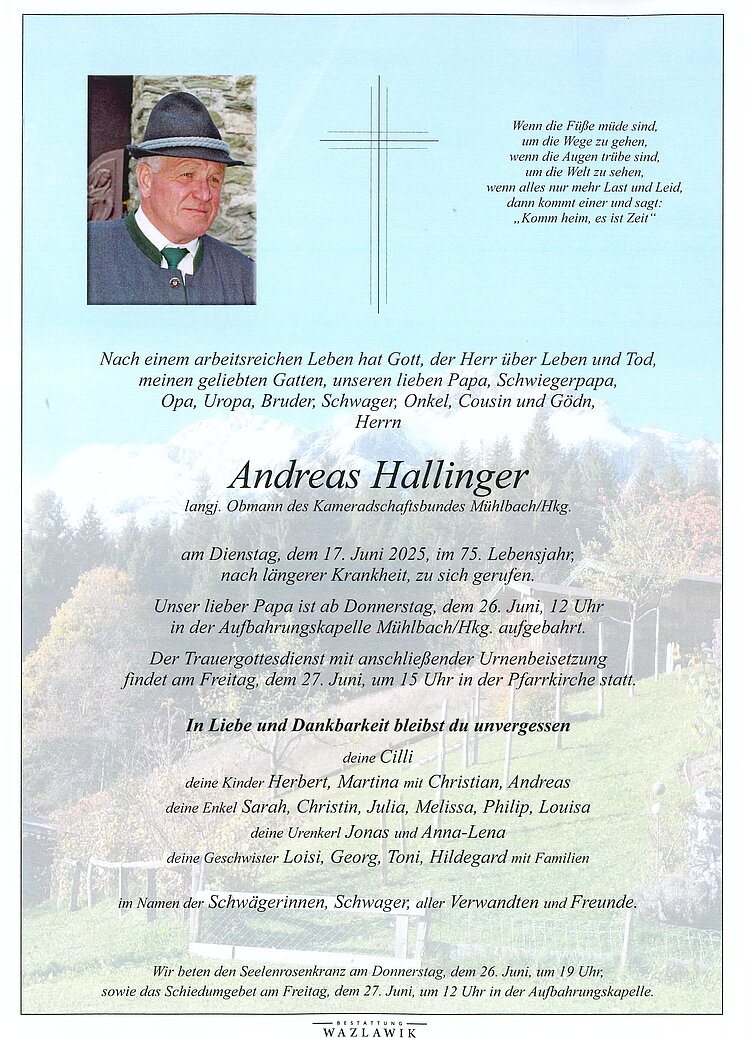 Parte von Andreas Hallinger † 17.06.2025