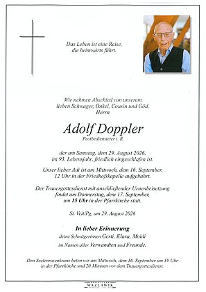 Parte von Adolf Doppler † 30.08.2026 aus St. Veit im Pongau
