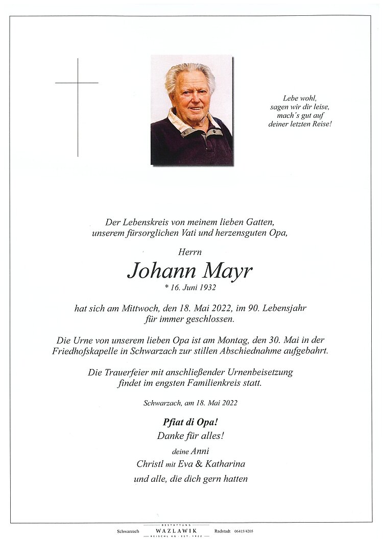 Parte von Johann Mayr † 18.05.2022