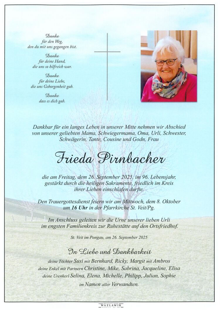 Parte von Frieda Pirnbacher † 26.09.2025