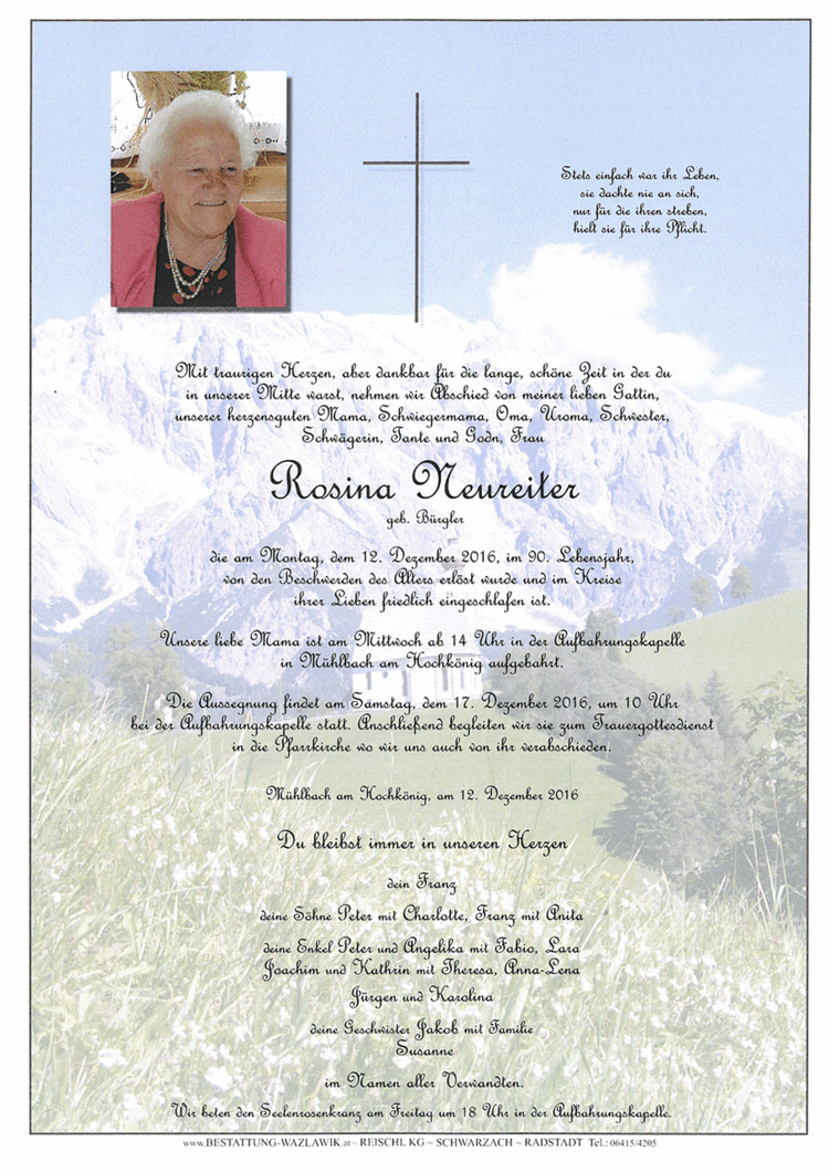 Parte von Rosina Neureiter † 12.12.2016