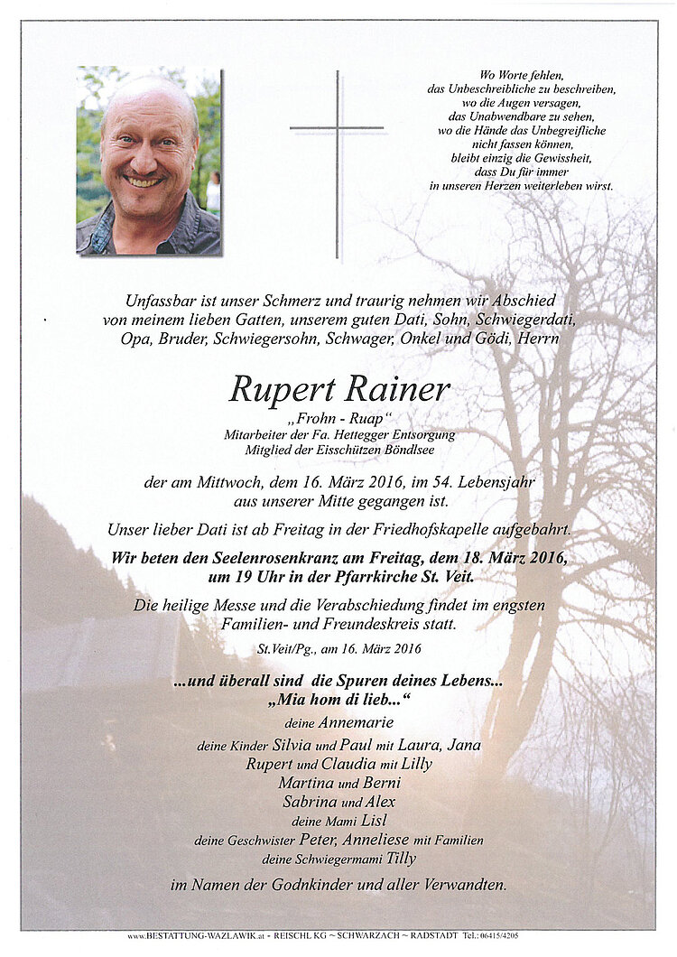 Parte von Rupert Rainer † 16.03.2016