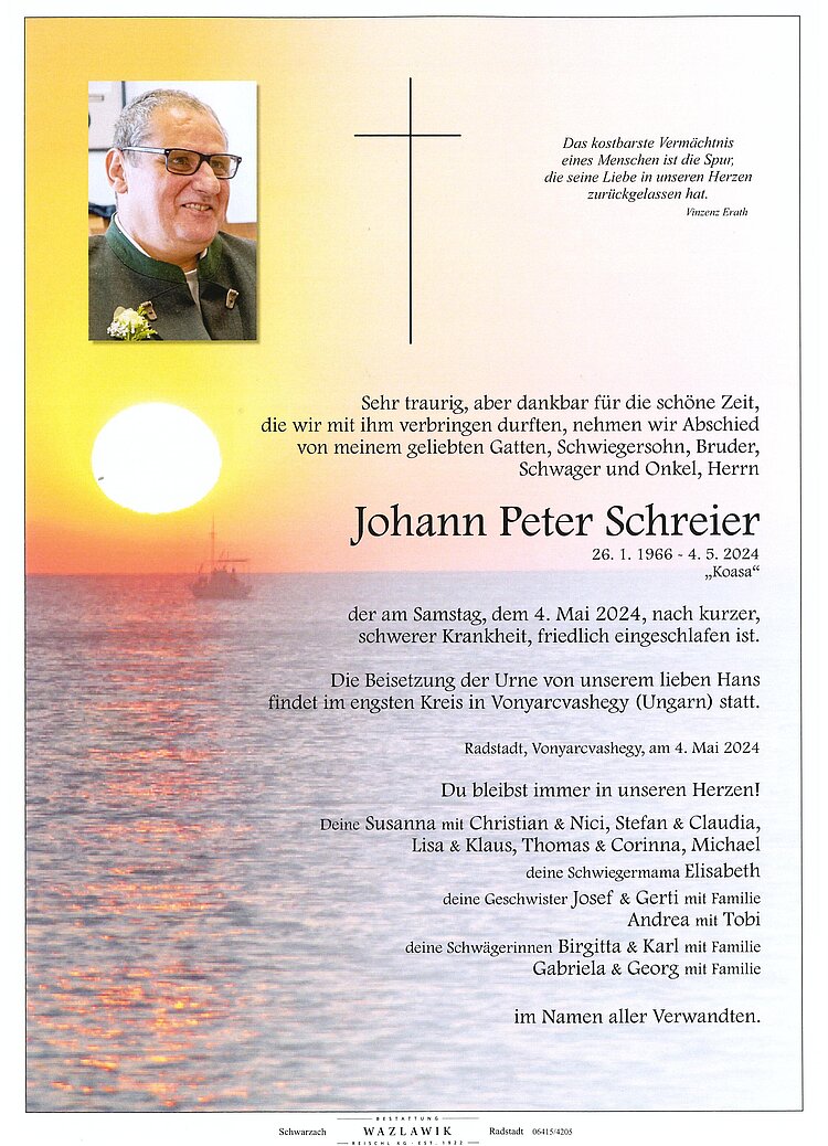 Parte von Johann Peter Schreier † 04.05.2024