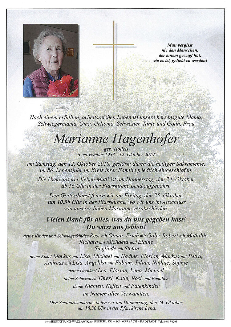 Parte von Marianne Hagenhofer † 12.10.2019
