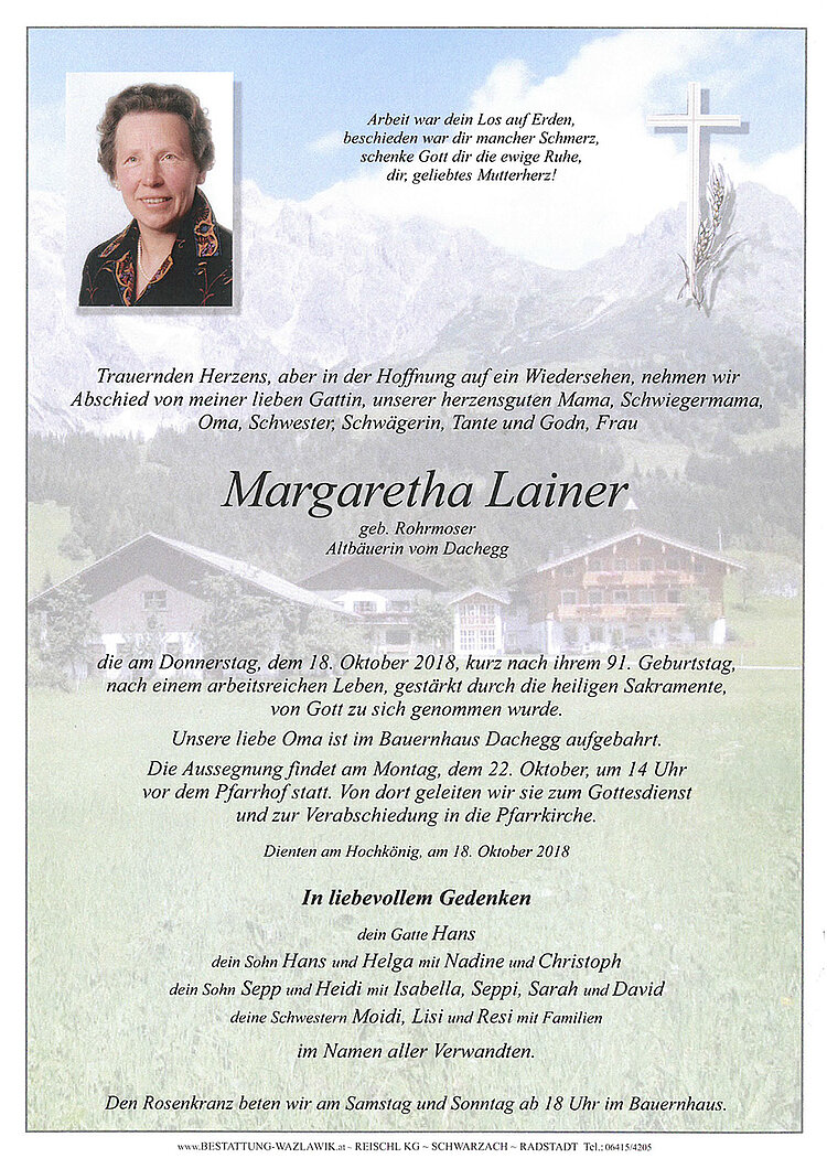 Parte von Margaretha Lainer † 18.10.2018