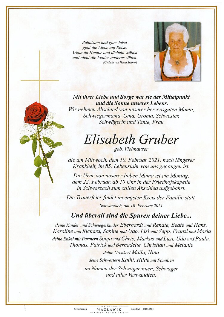 Parte von Elisabeth Gruber † 10.02.2021
