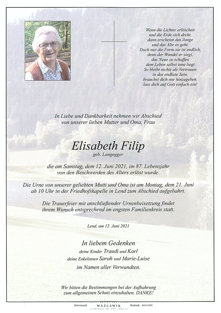 Parte von Elisabeth Filip † 12.06.2021