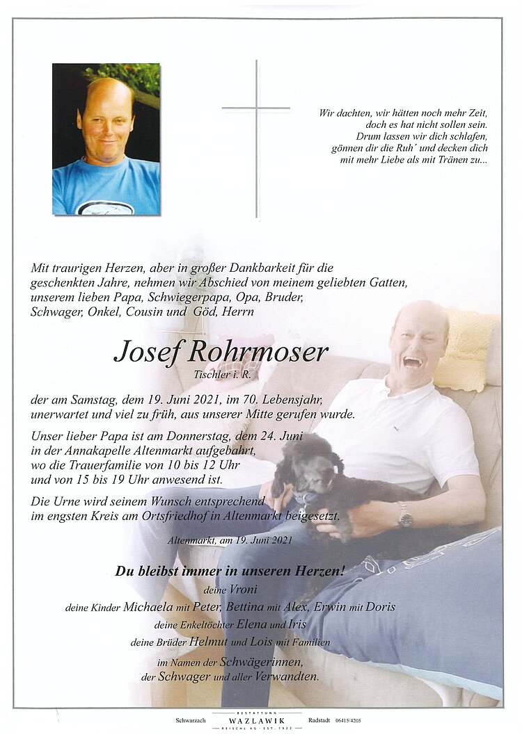 Parte von Josef Rohrmoser † 19.06.2021