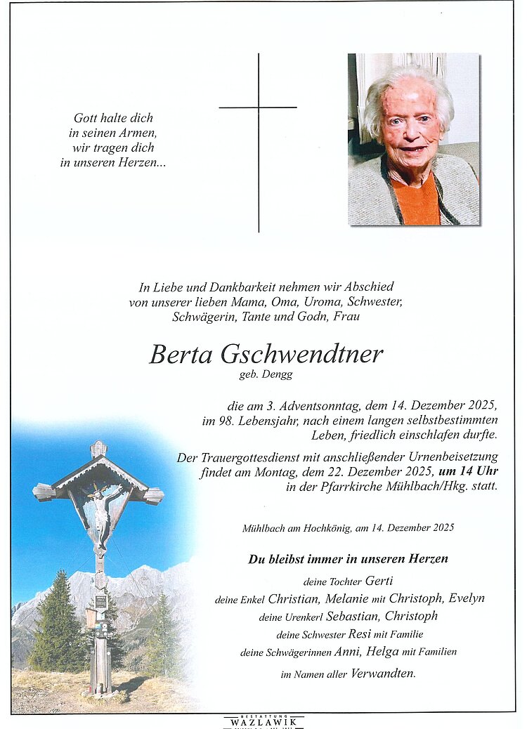 Parte von Berta Gschwendtner † 14.12.2025