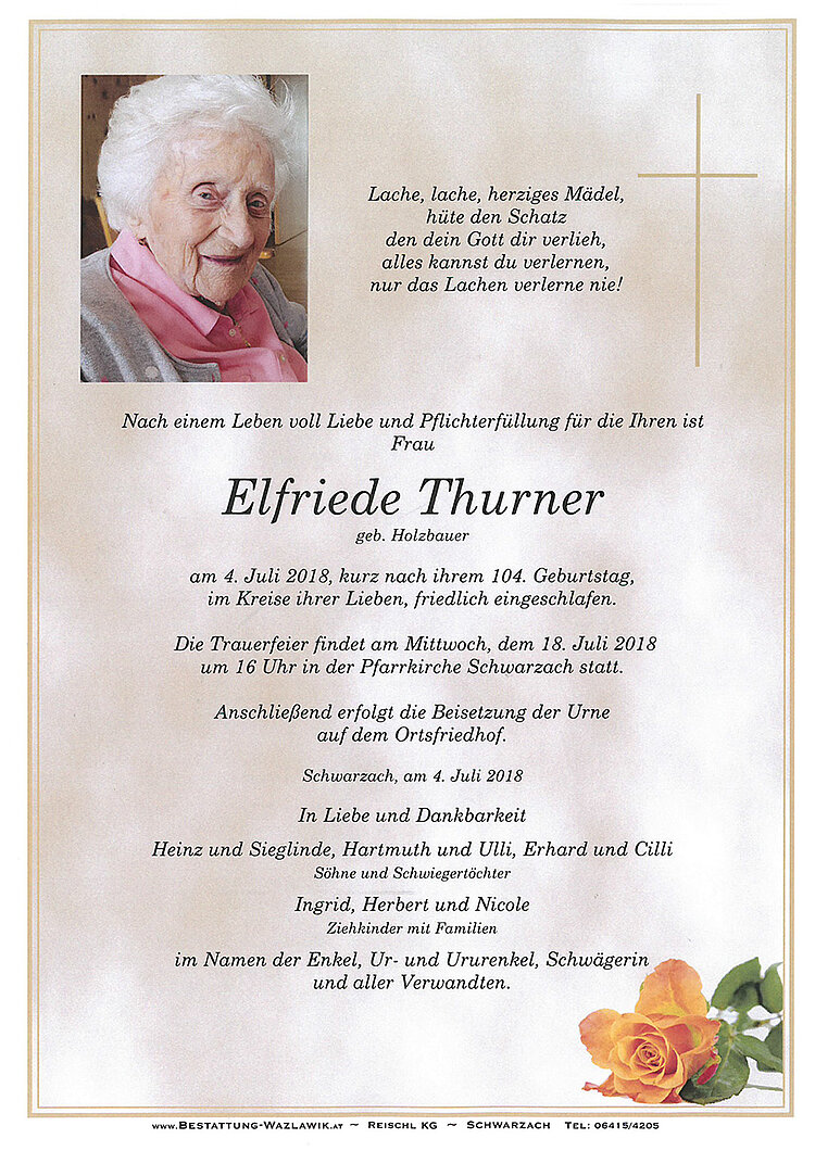 Parte von Elfriede Thurner † 04.07.2018