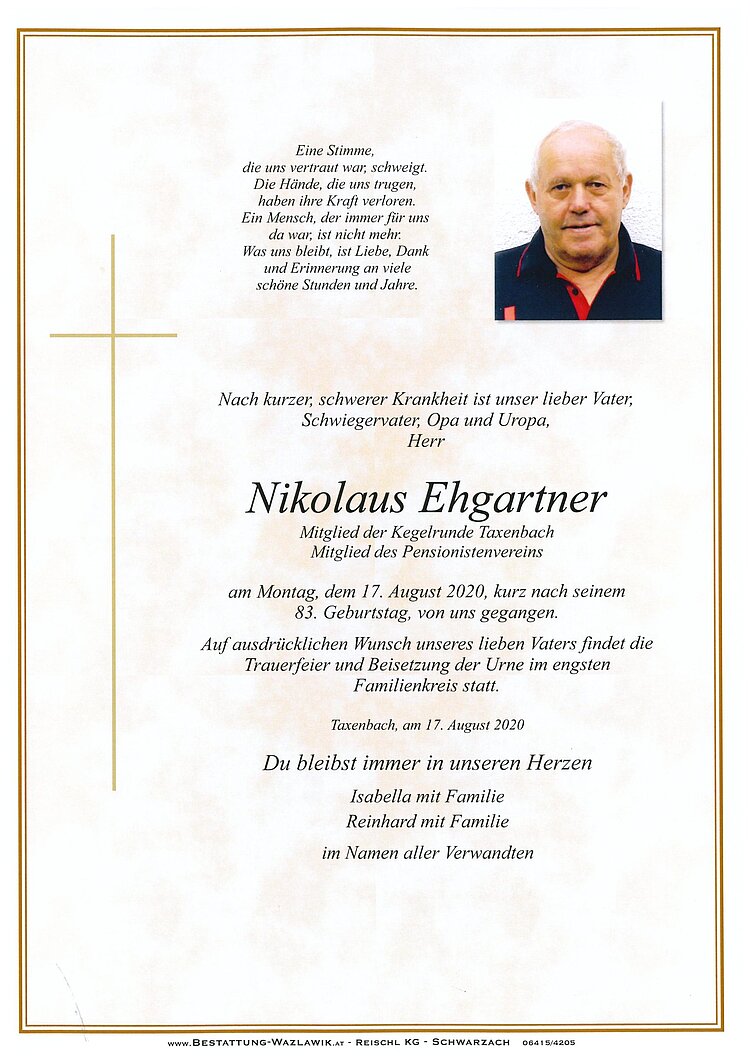 Parte von Nikolaus Ehgartner † 17.08.2020