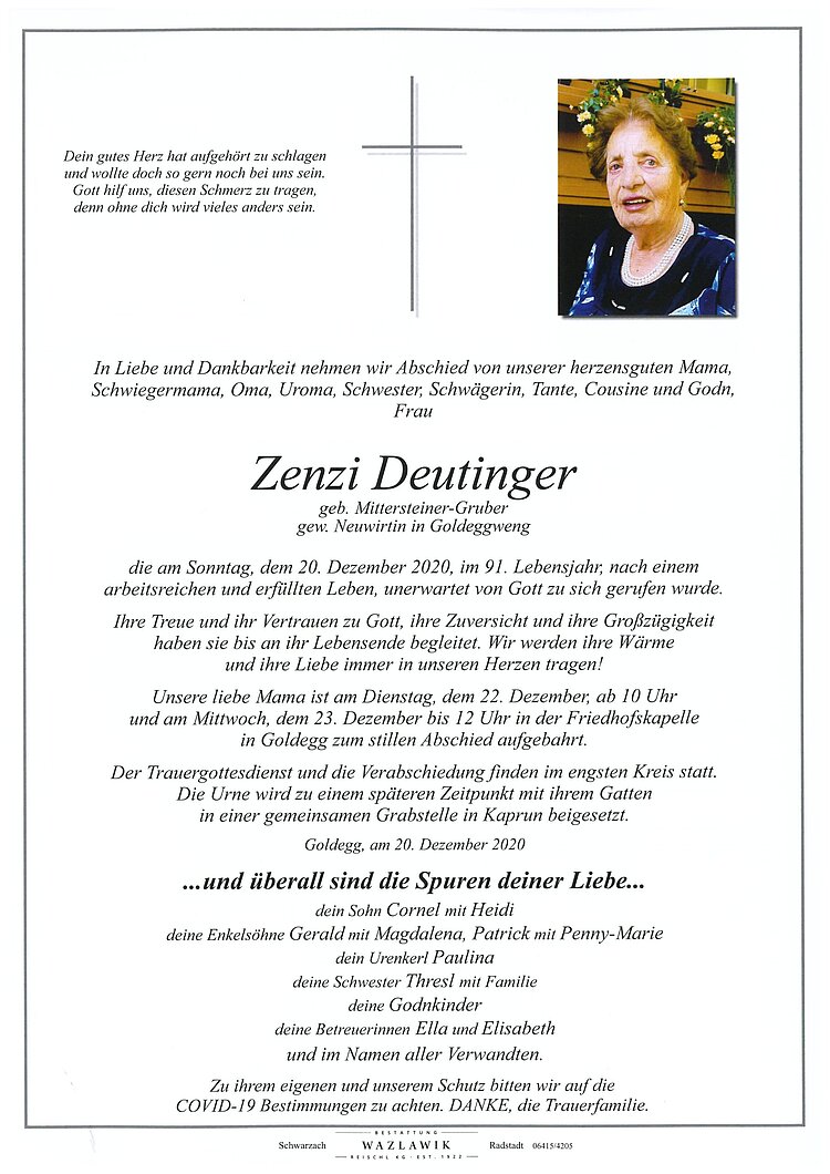 Parte von Zenzi Deutinger † 20.12.2020