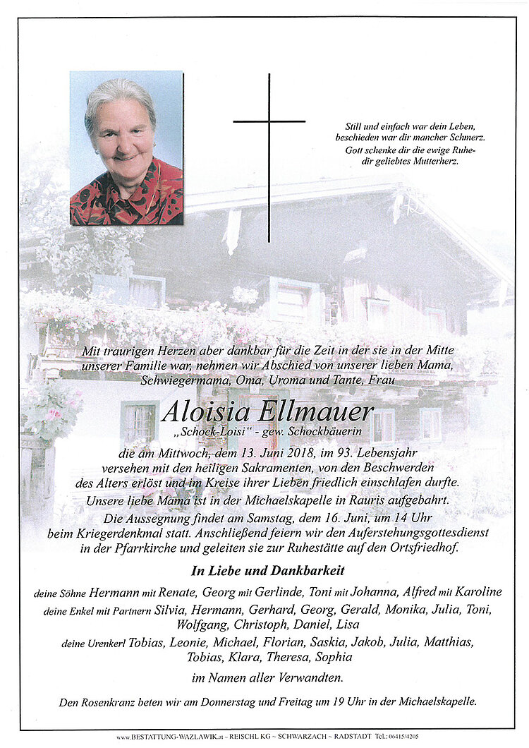 Parte von Aloisia Ellmauer † 13.06.2018