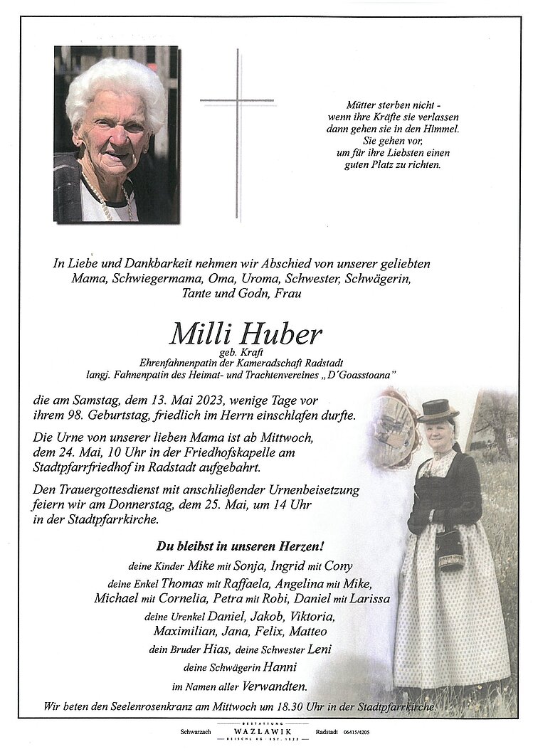 Parte von Milli Huber † 13.05.2023