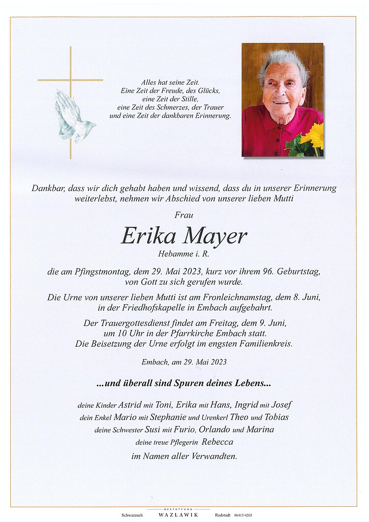 Parte von Erika Mayer † 29.05.2023