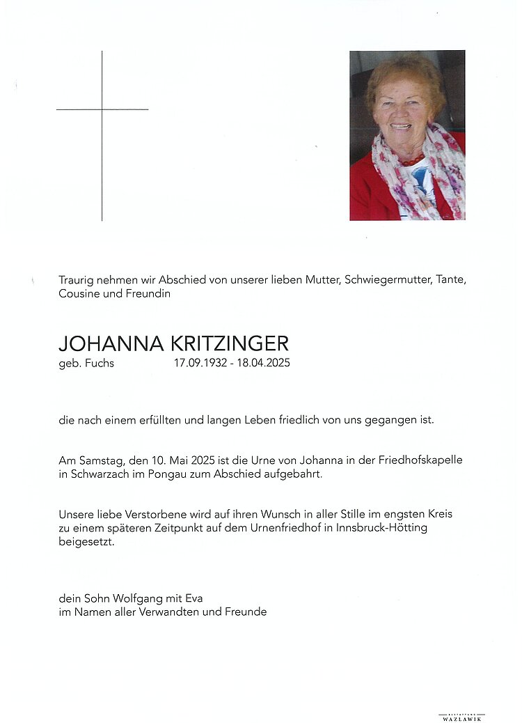 Parte von Johanna Kritzinger † 18.04.2025