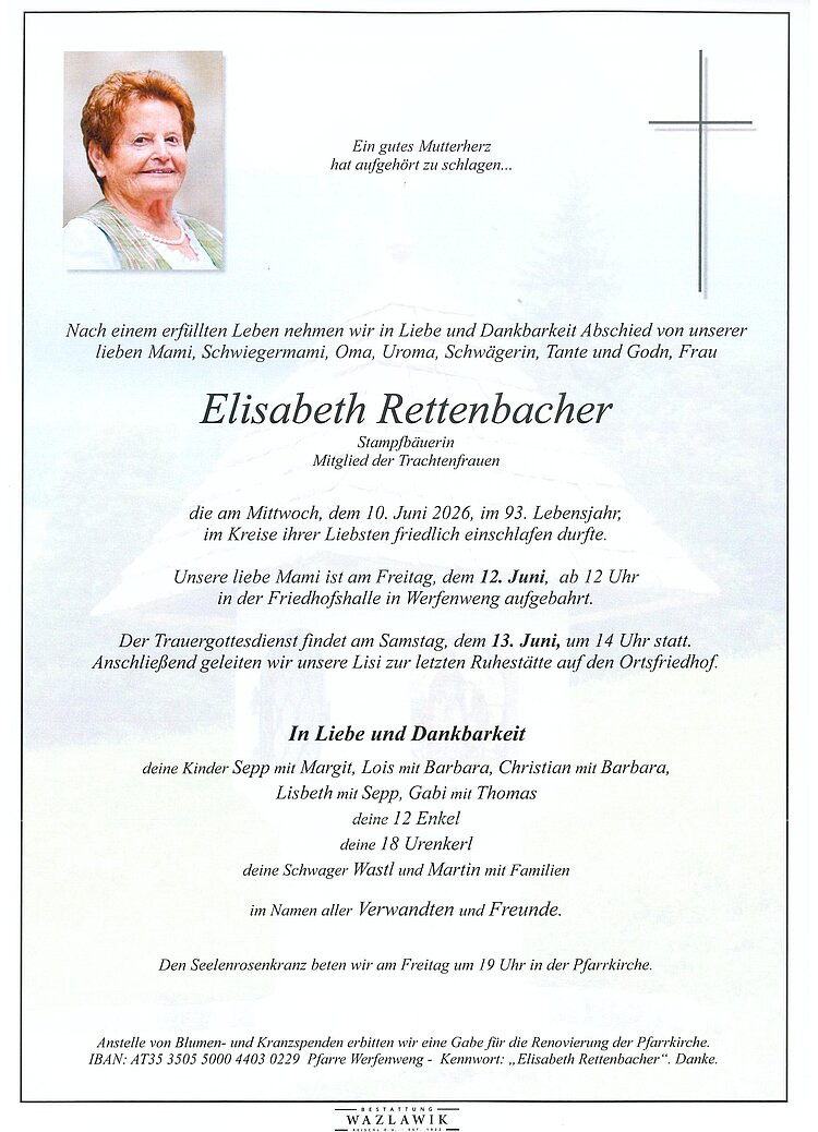 Parte von Elisabeth Rettenbacher † 10.06.2026