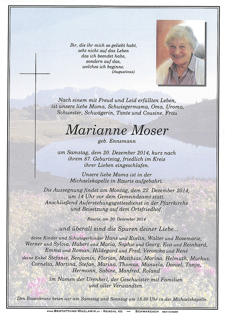 Parte von Marianne Moser † 20.12.2014