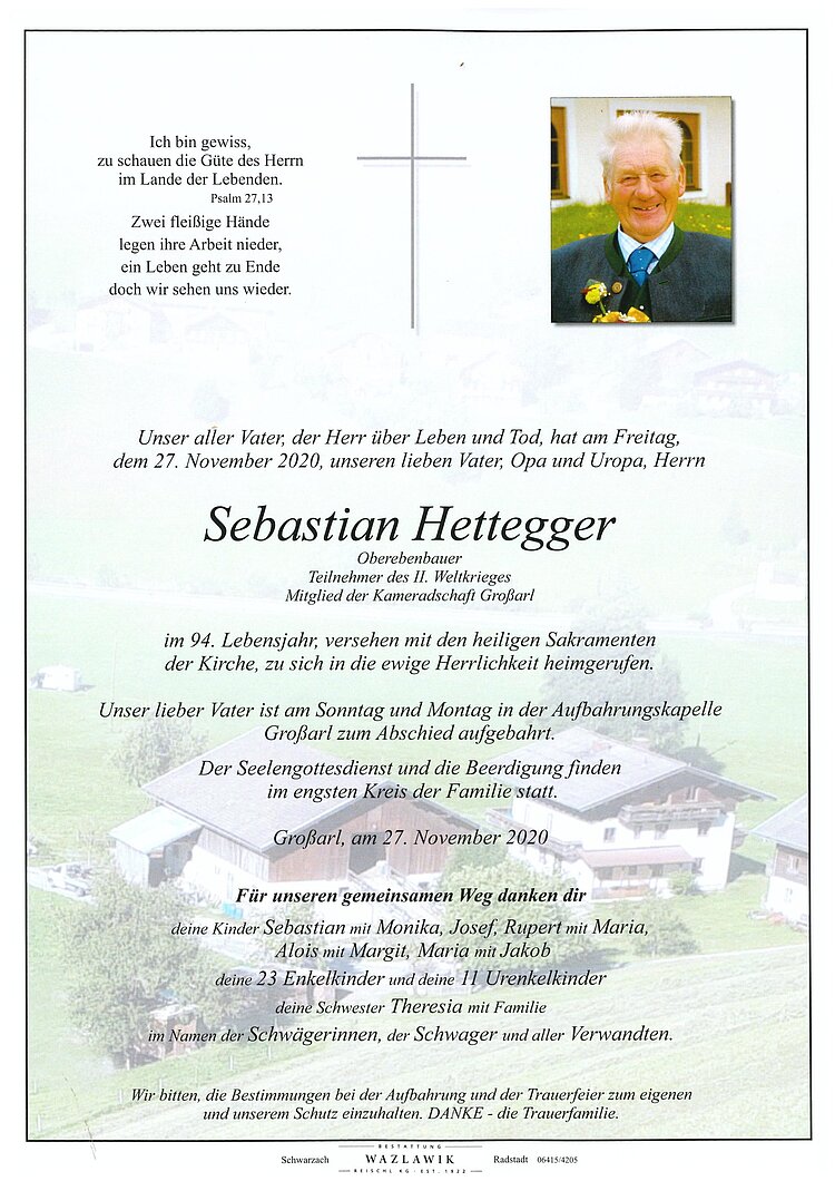 Parte von Sebastian Hettegger † 27.11.2020