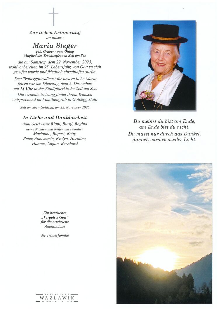 Parte von Maria Steger † 22.11.2025