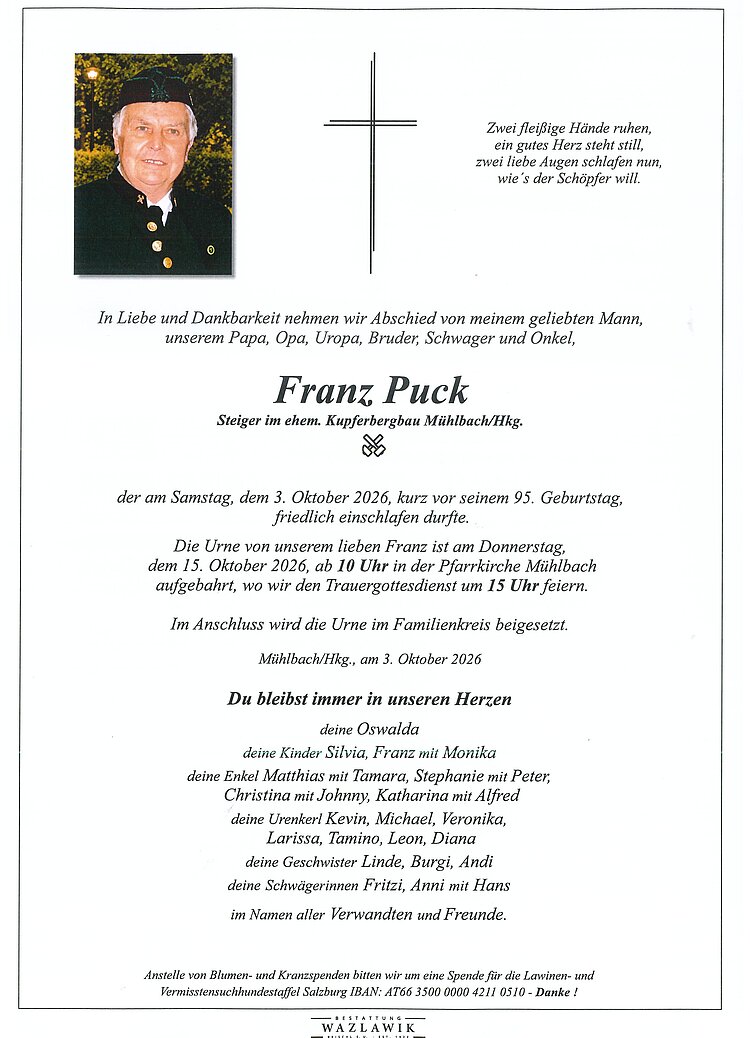 Parte von Franz Puck † 03.10.2026