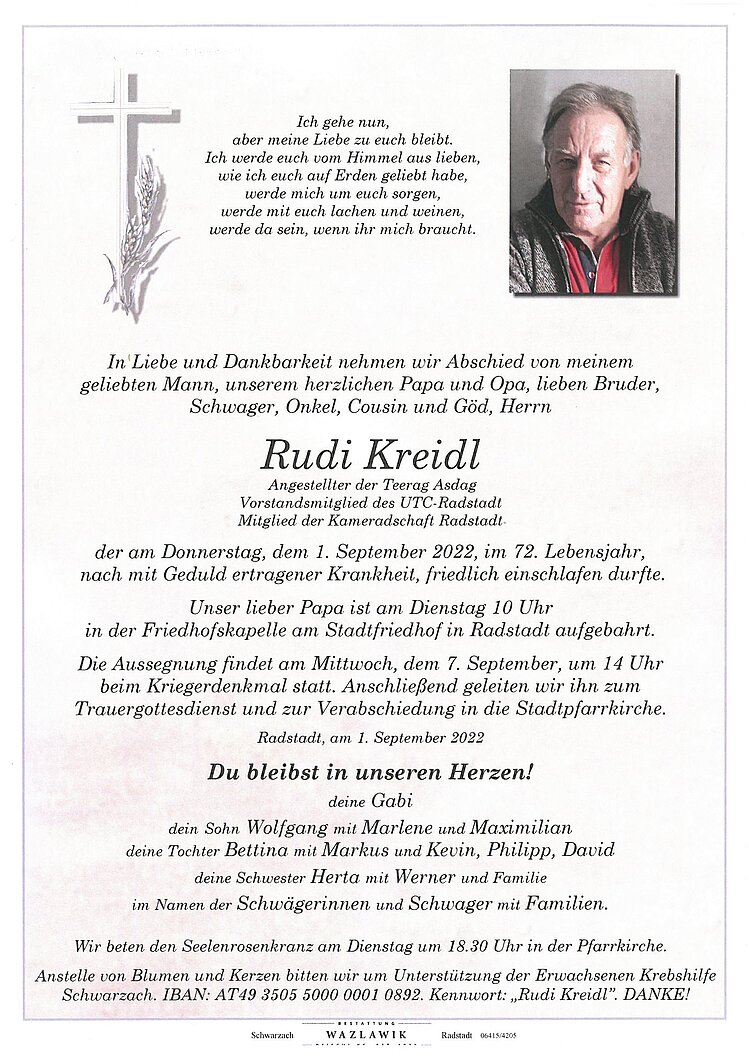 Parte von Rudi Kreidl † 01.09.2022