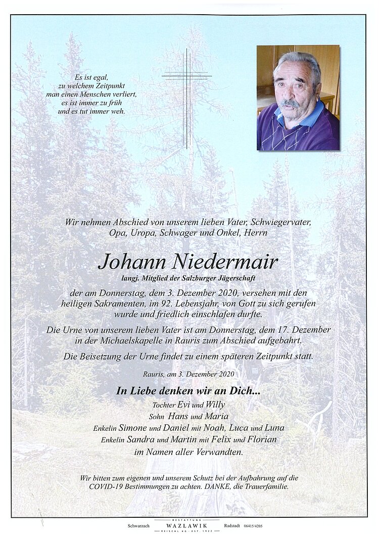 Parte von Johann Niedermair † 03.12.2020