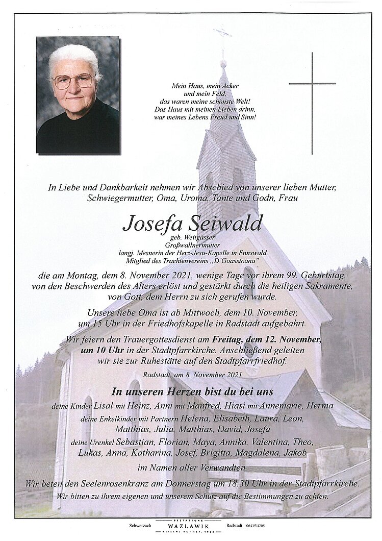 Parte von Josefa Seiwald † 08.11.2021