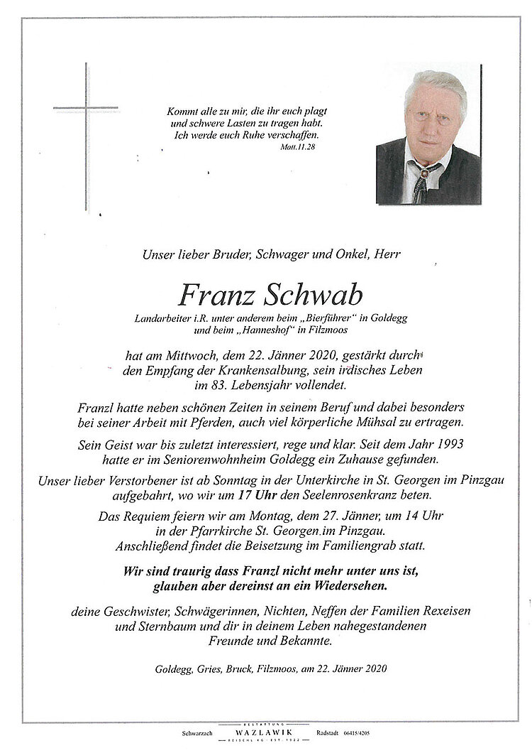 Parte von Franz Schwab † 22.01.2020