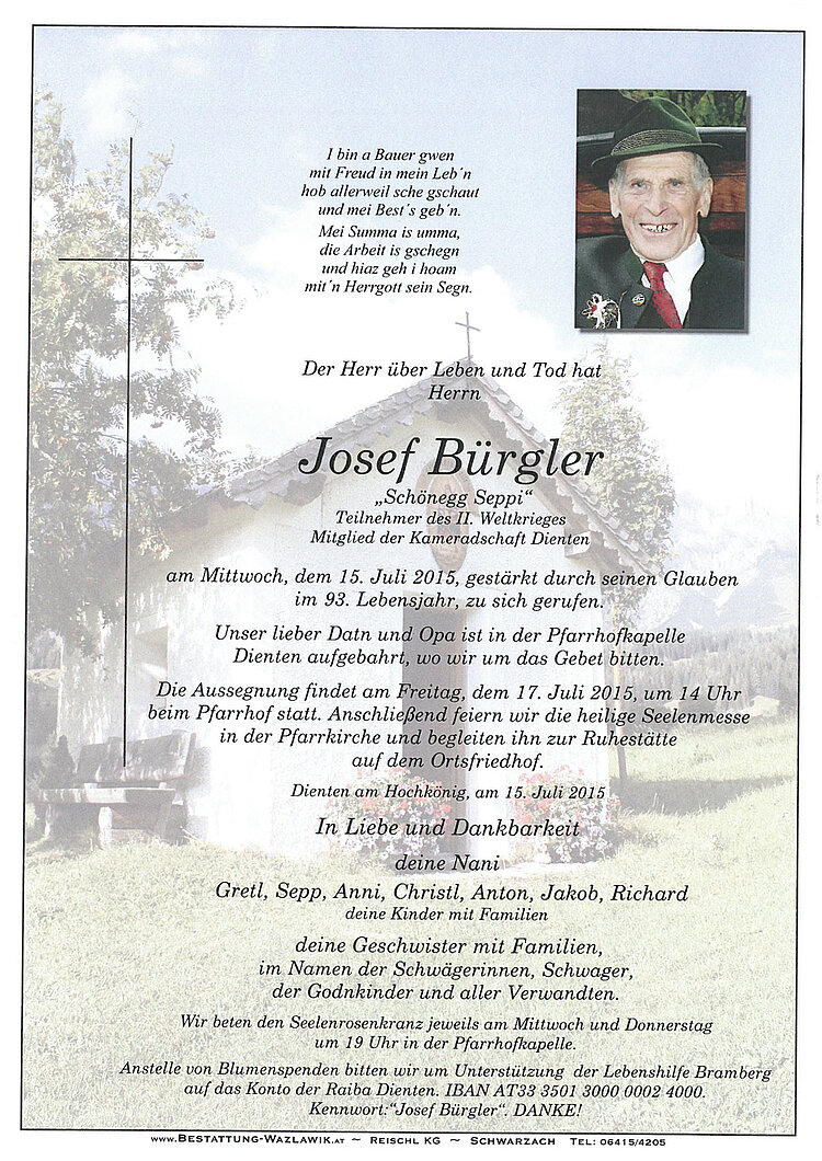 Parte von Josef Bürgler † 15.07.2015