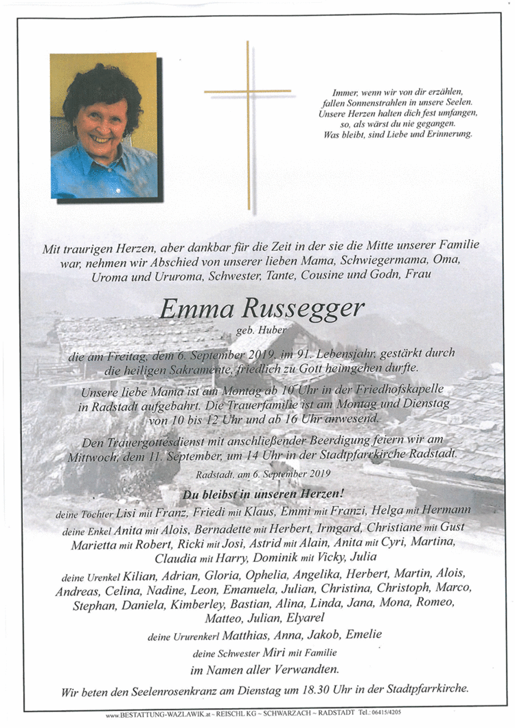 Parte von Emma Russegger † 06.09.2019
