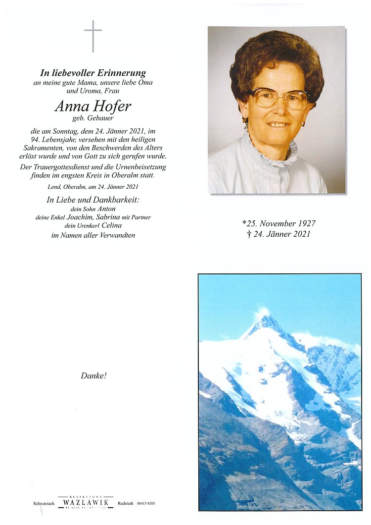 Parte von Anna Hofer † 24.01.2021