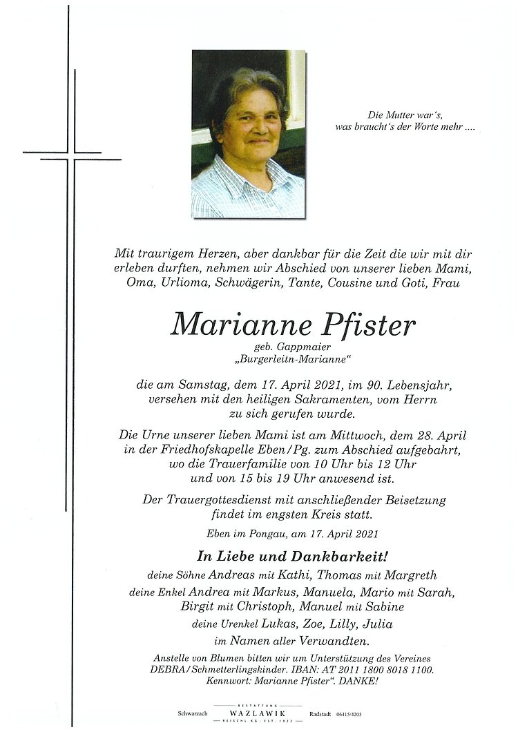 Parte von Marianne Pfister † 17.04.2021