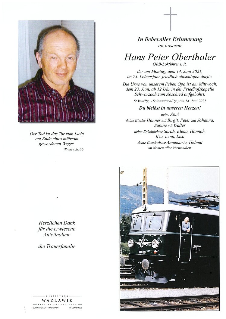 Parte von Hans Peter Oberthaler † 14.06.2021