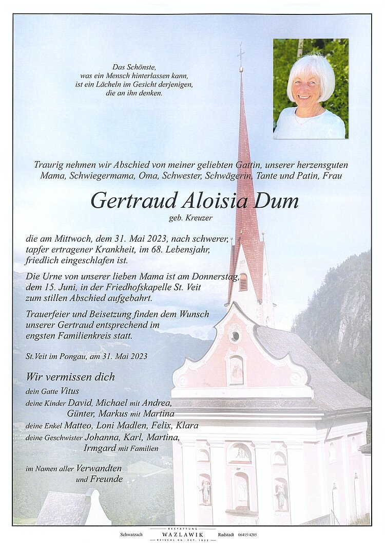 Parte von Gertraud Dum † 31.05.2023