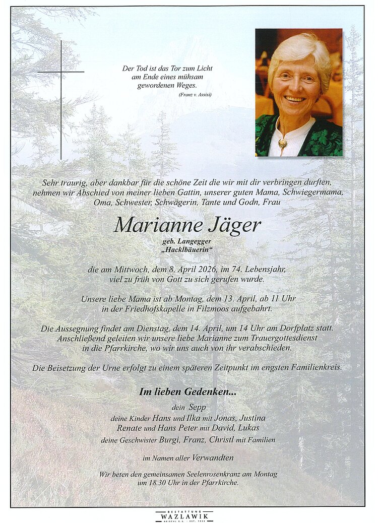 Parte von Marianne Jäger † 08.04.2026
