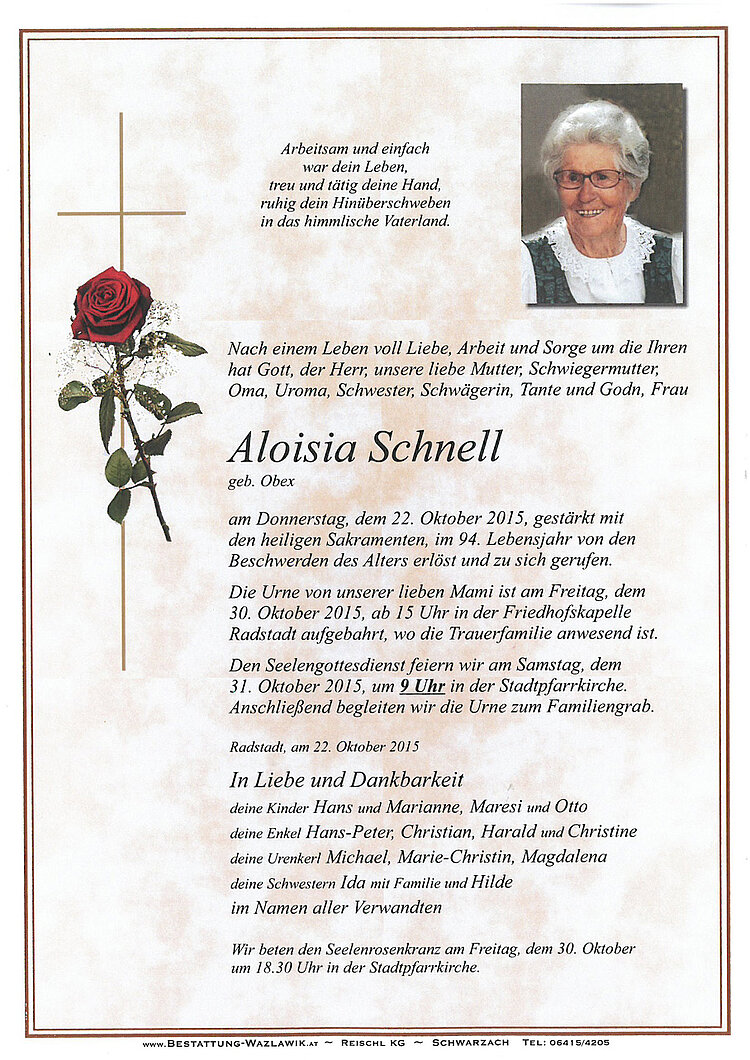 Parte von Aloisia Schnell † 22.10.2015